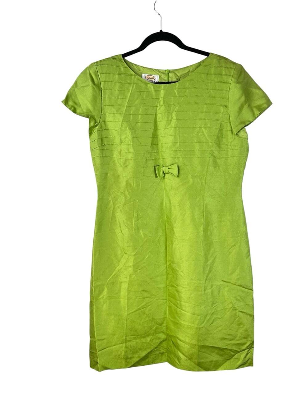Talbots 100% Silk Sheath Dress 14P Chartreuse Green Bow Waist Petite Cocktail - Picture 2 of 16